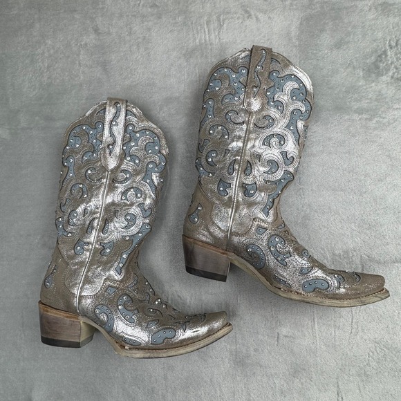 JB Dillon Womens 9 Cowboy Boots Metallic Silver Blue Rhinestone Festival Western - Picture 4 of 15